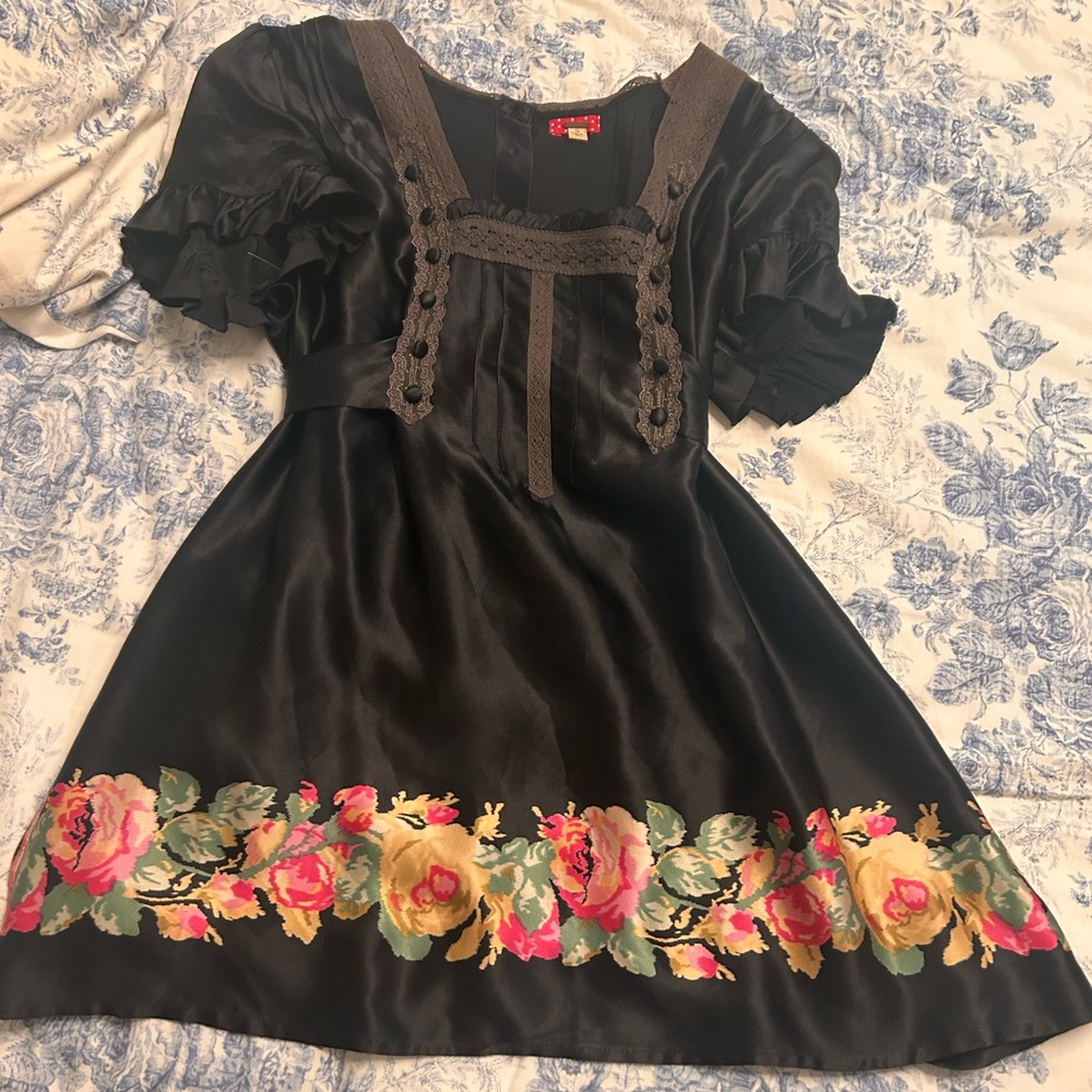 Free People Black Satin Blouse with Floral Hem